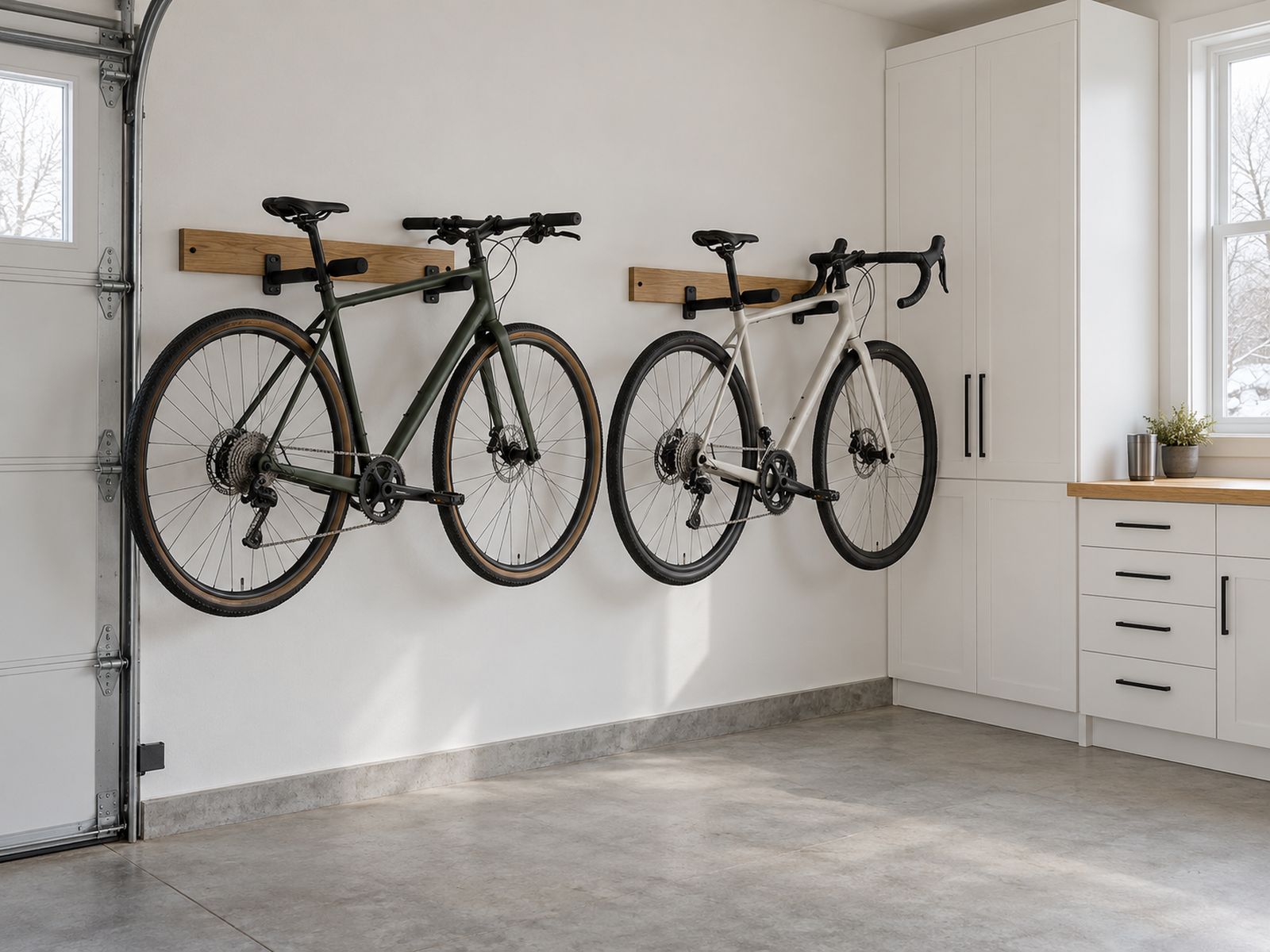 Bikes on wall racks in a clean garage