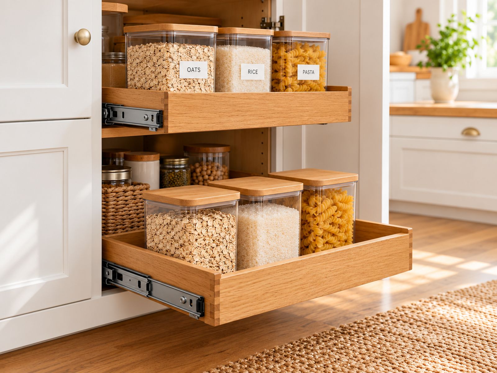 Pull-out pantry drawers with labeled canisters