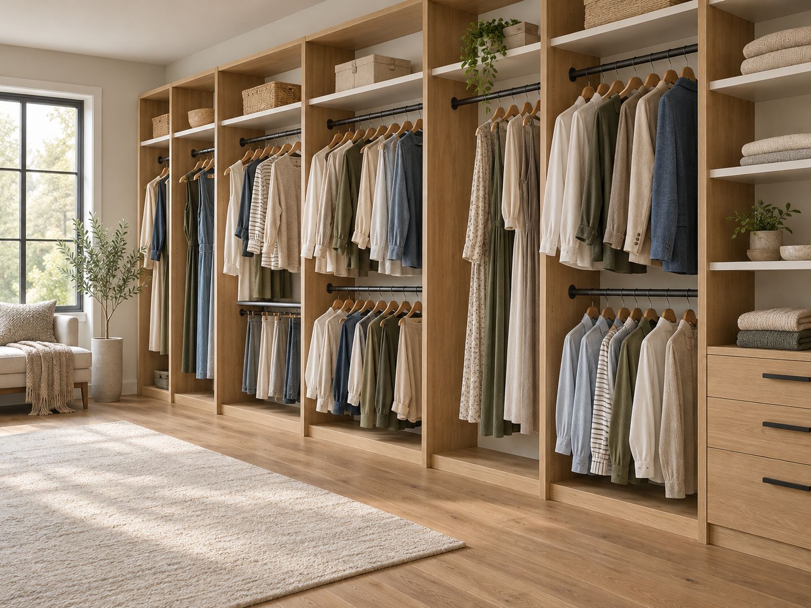 Walk-in closet with oak shelving and full-height hanging