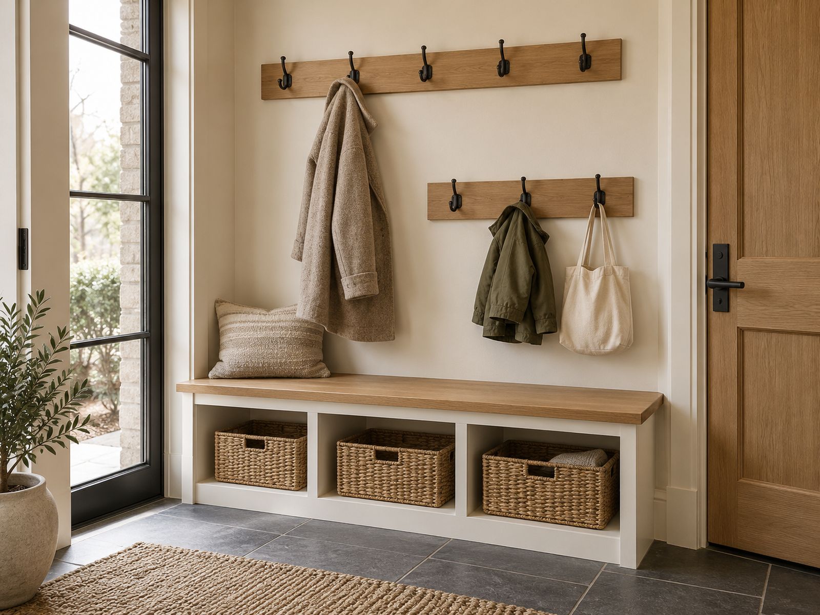 Mudroom wall with coat hooks above a bench and baskets