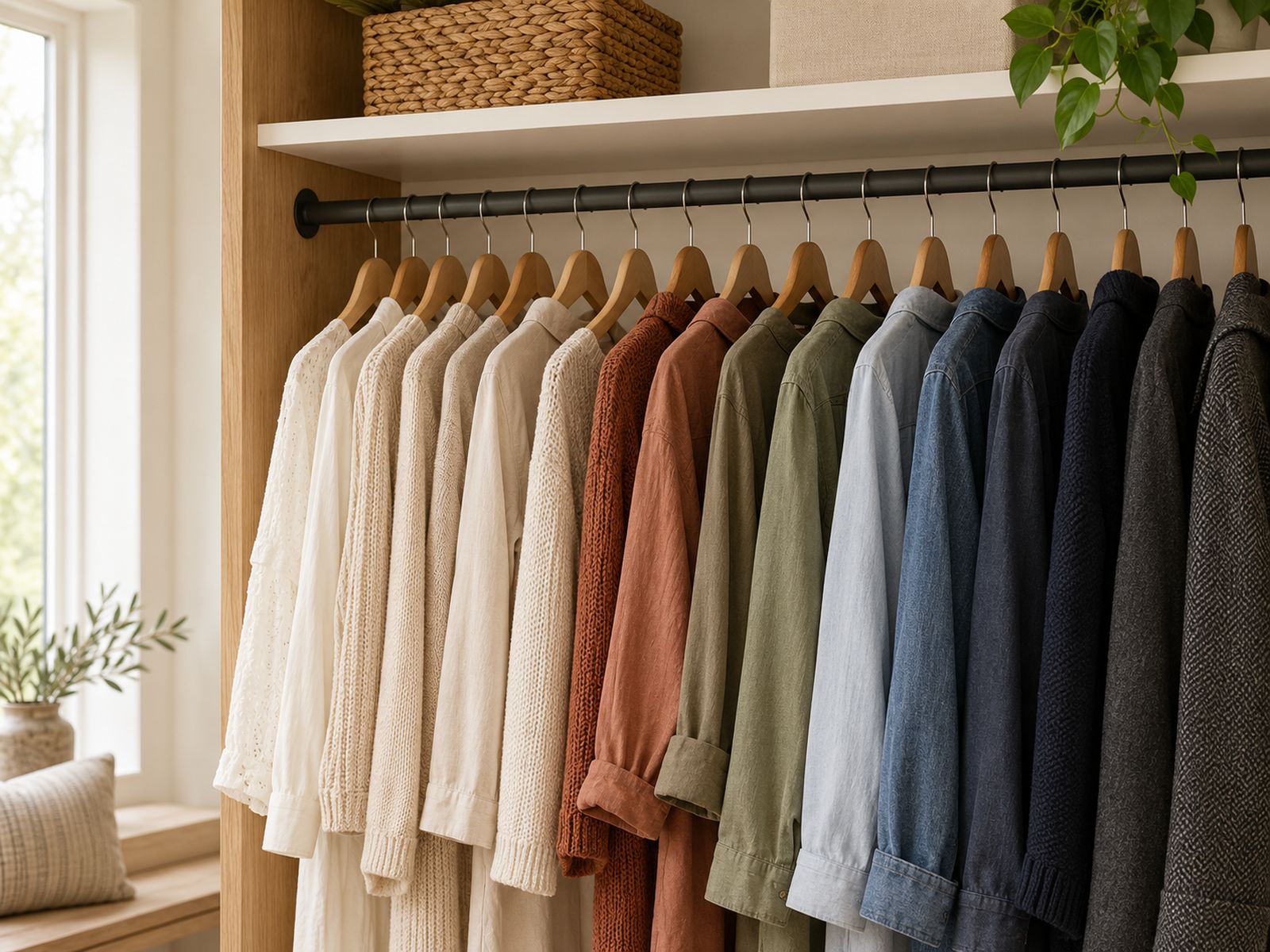 Shirts sorted by color on a closet rod