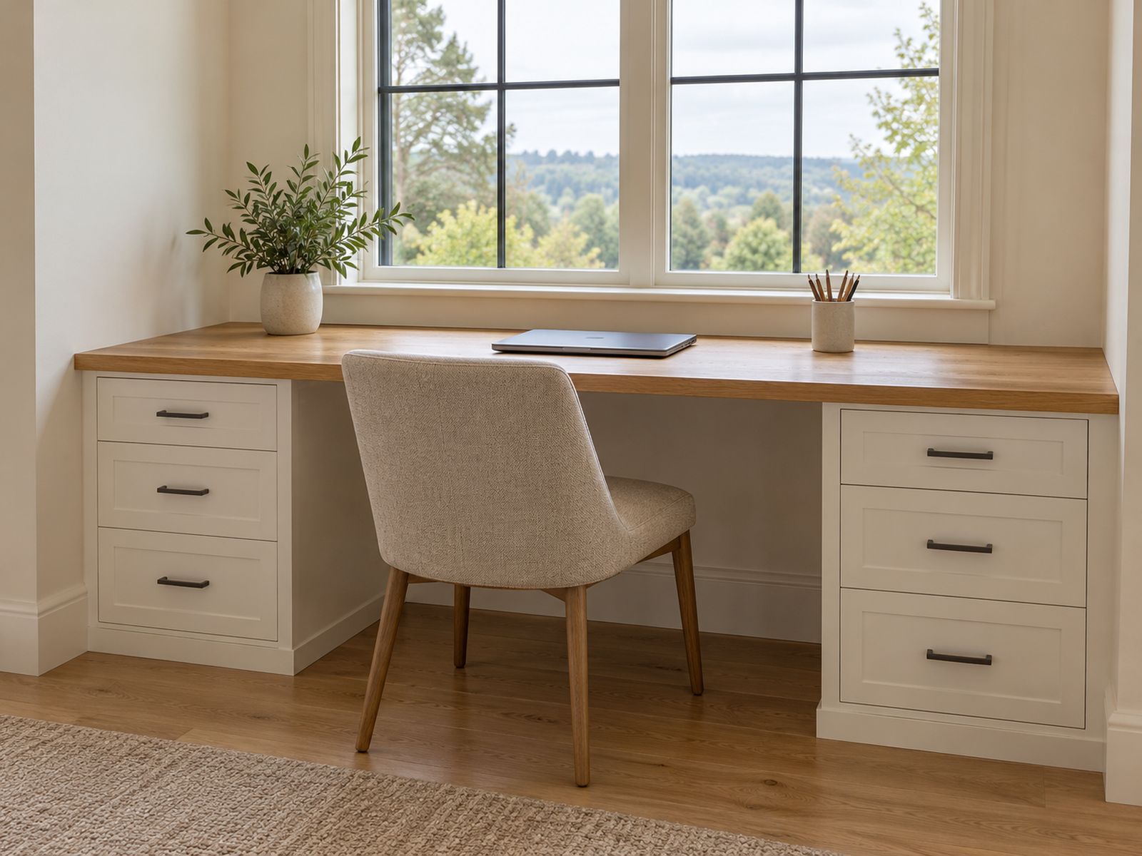 Built-in desk with drawers under a window