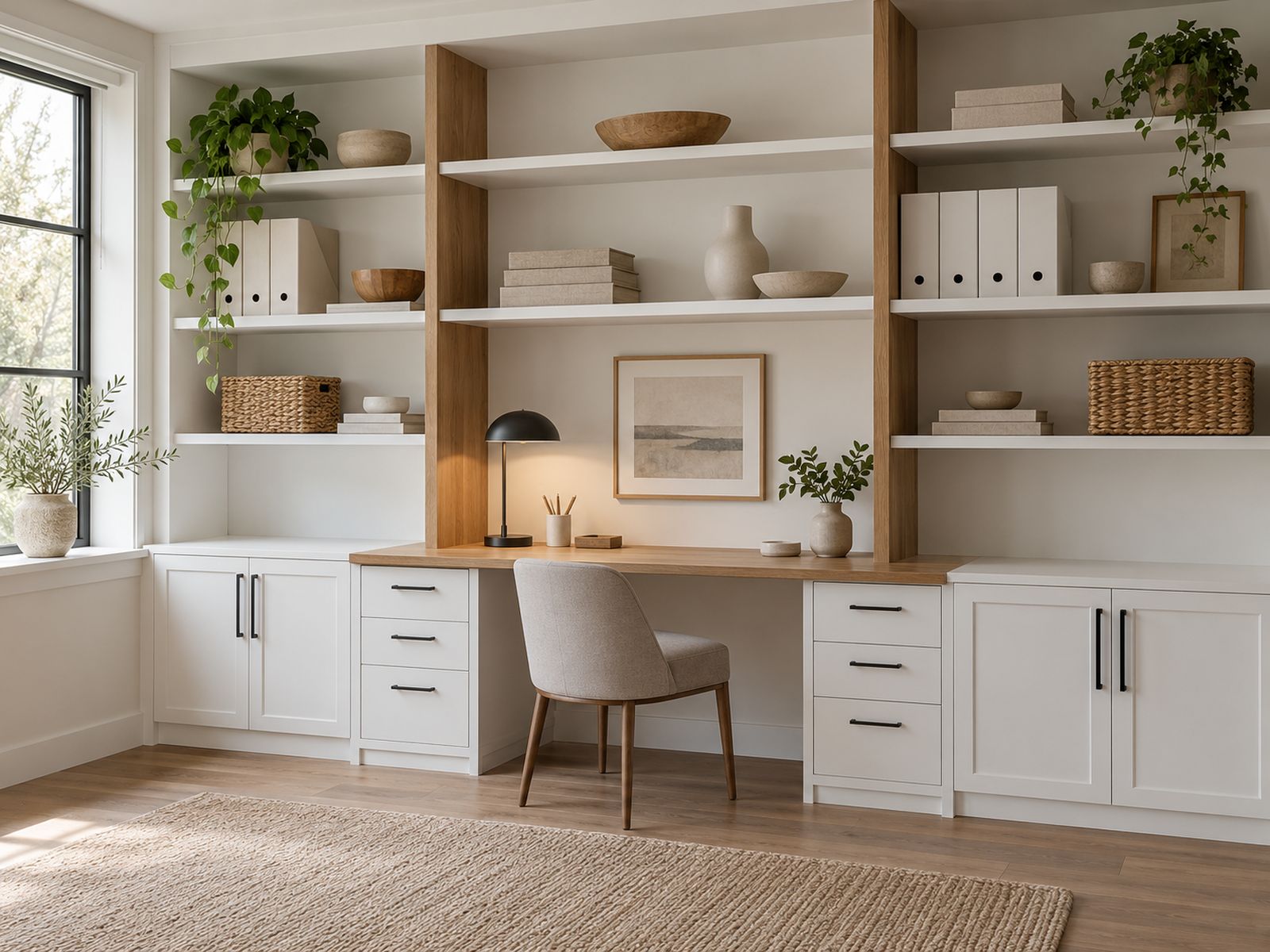 Home office wall with built-in shelves and desk