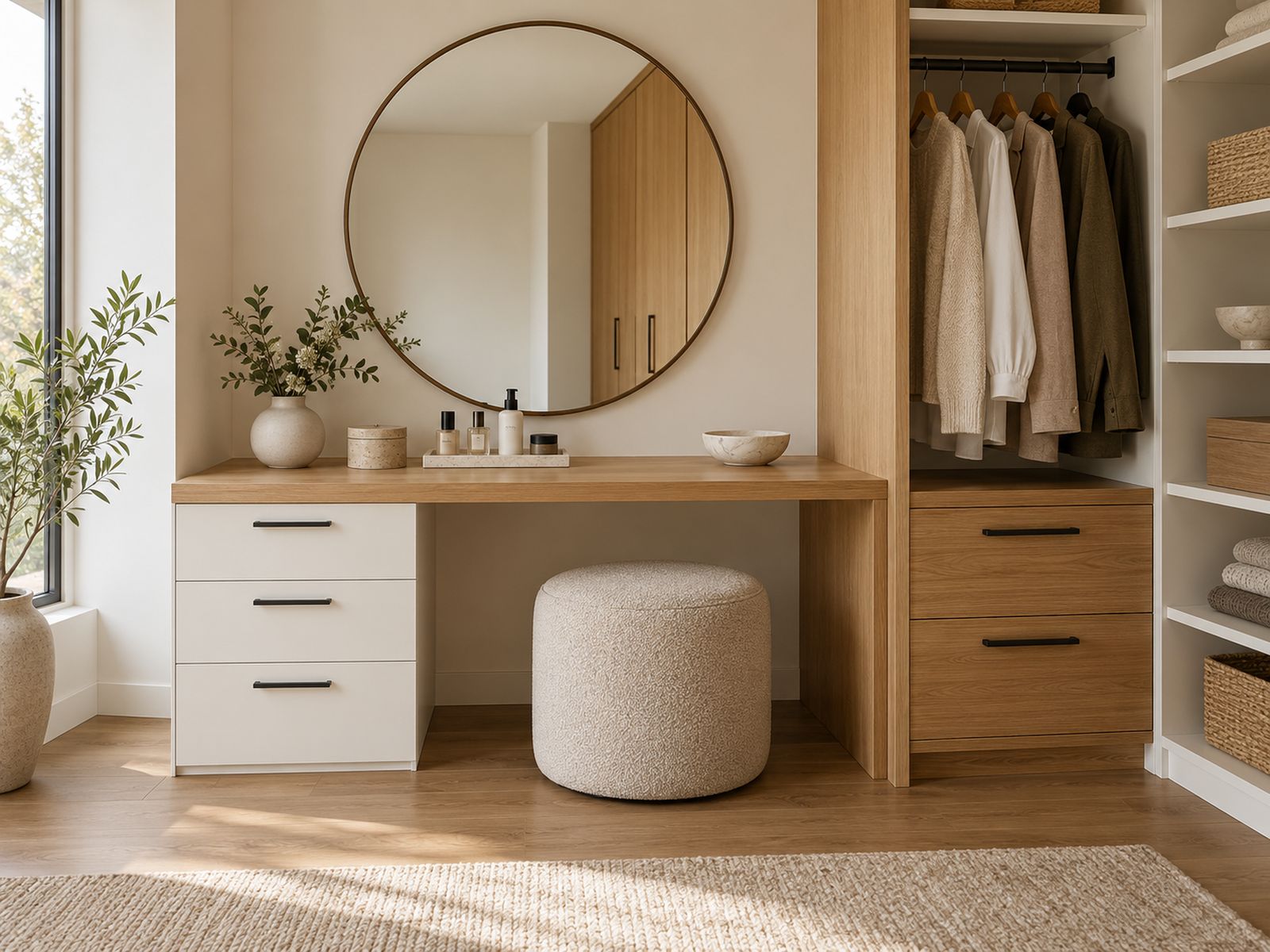 Dressing table with round mirror beside a closet