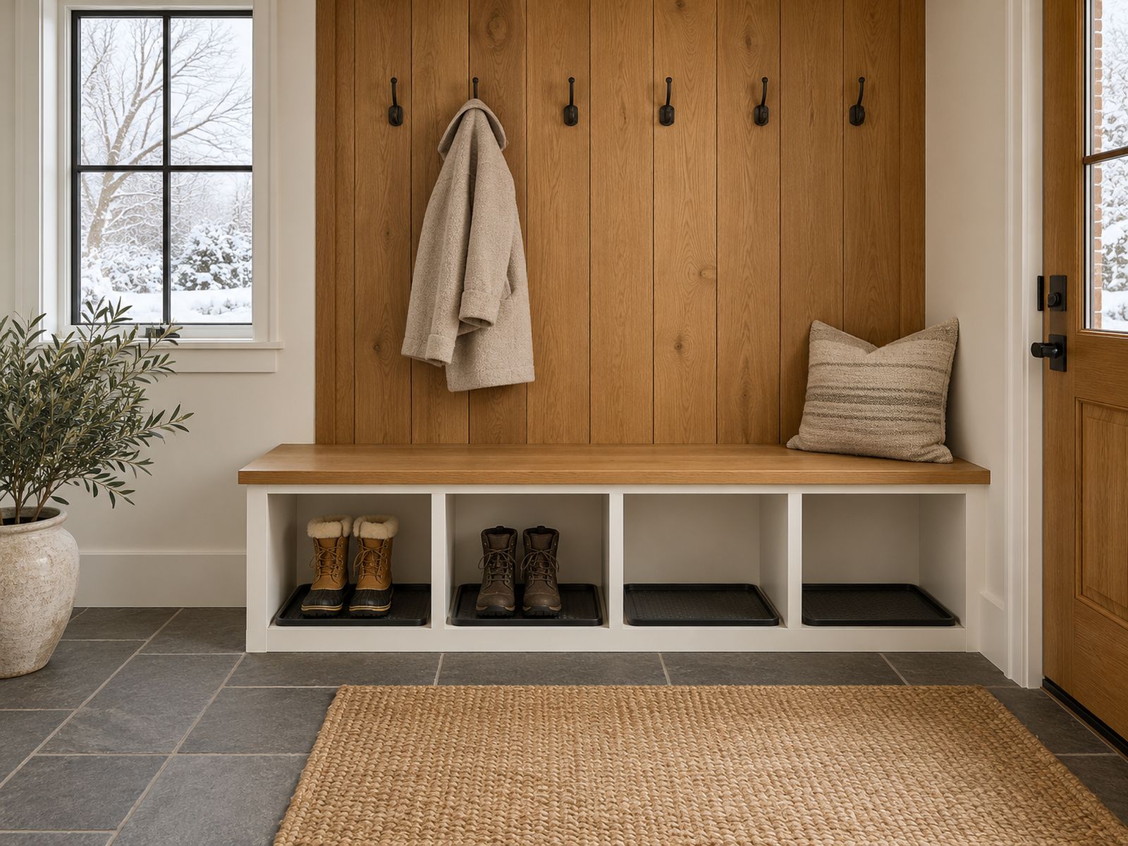 Mudroom bench with cubbies under an oak plank wall