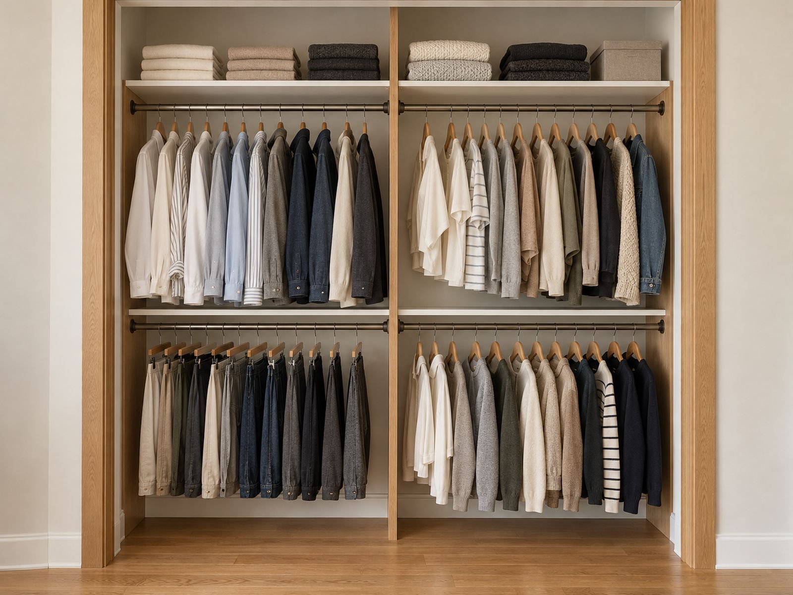 Folded sweaters on shelves above hanging clothes
