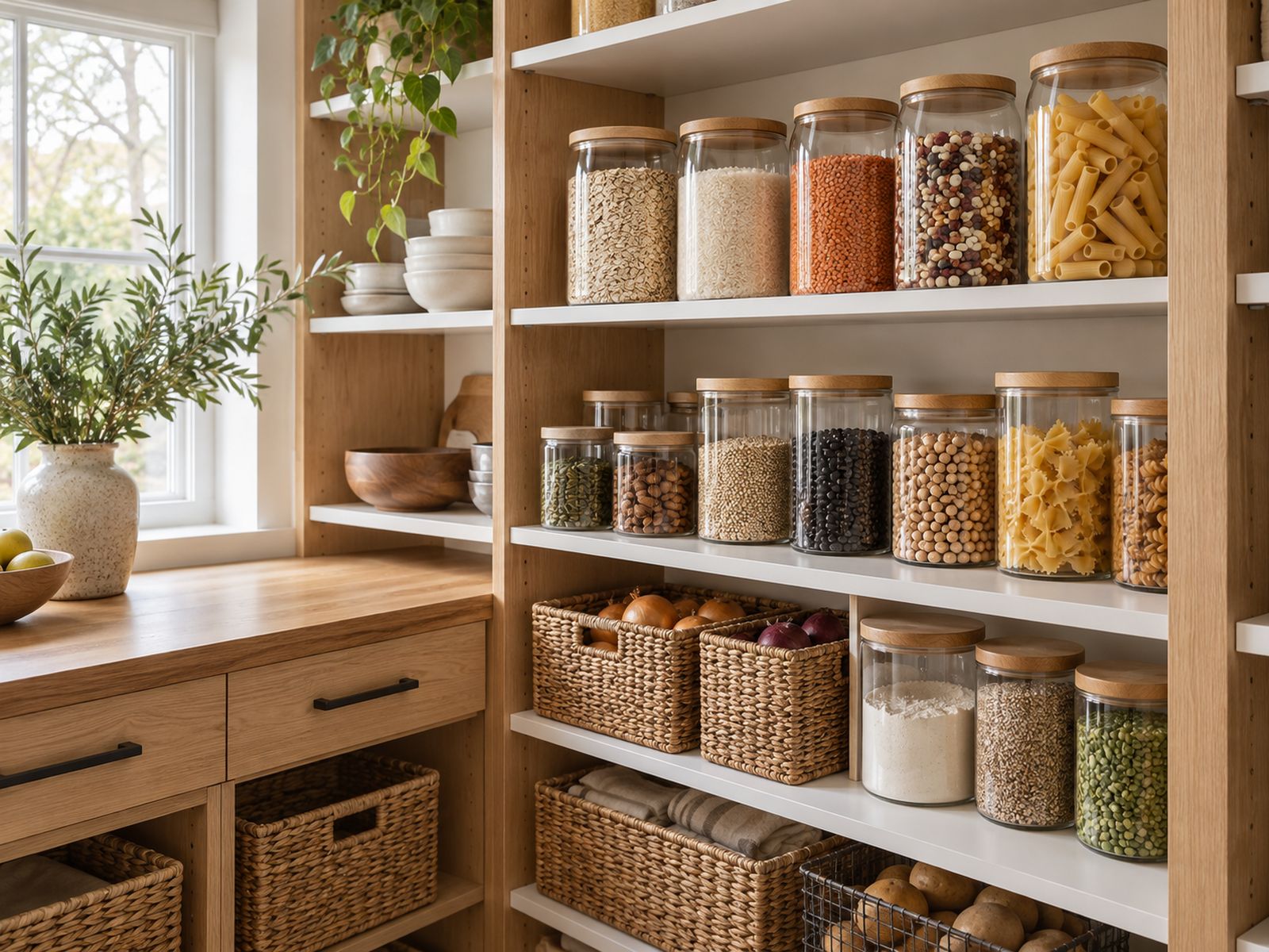 Clear glass jars on white pantry shelves