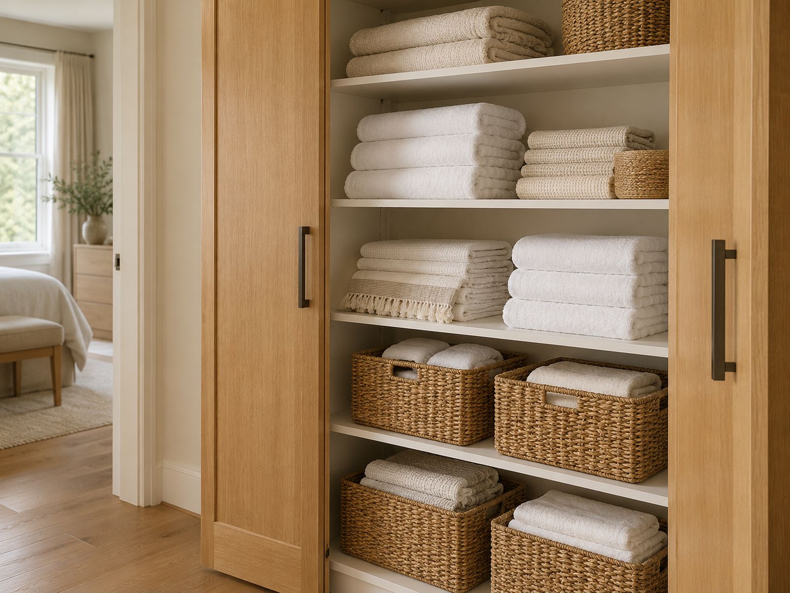 Linen closet with folded towels and baskets