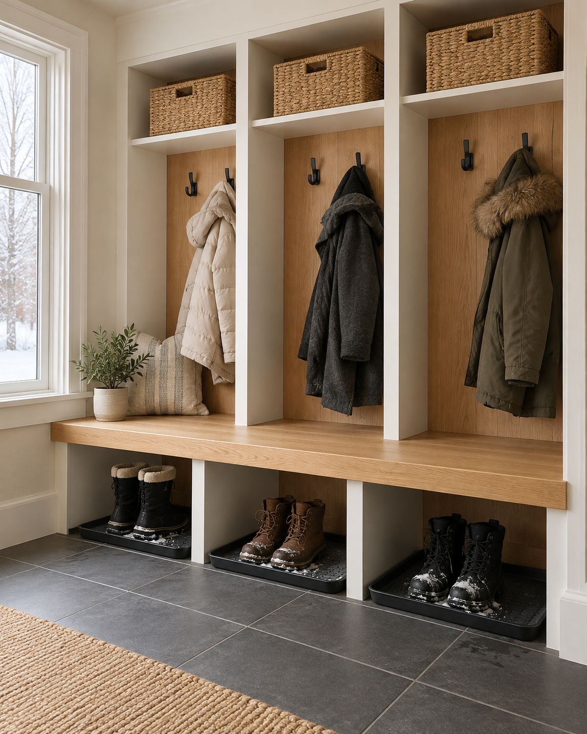 Hallway with built-in lockers and wood cabinets