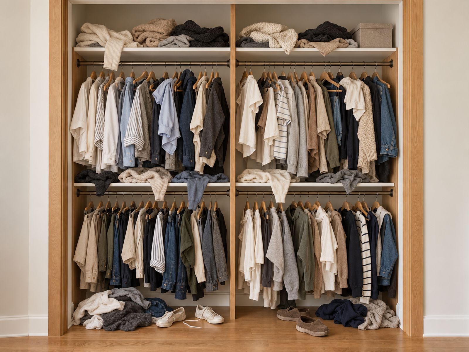 Overstuffed closet with clothes piled on shelves before organizing