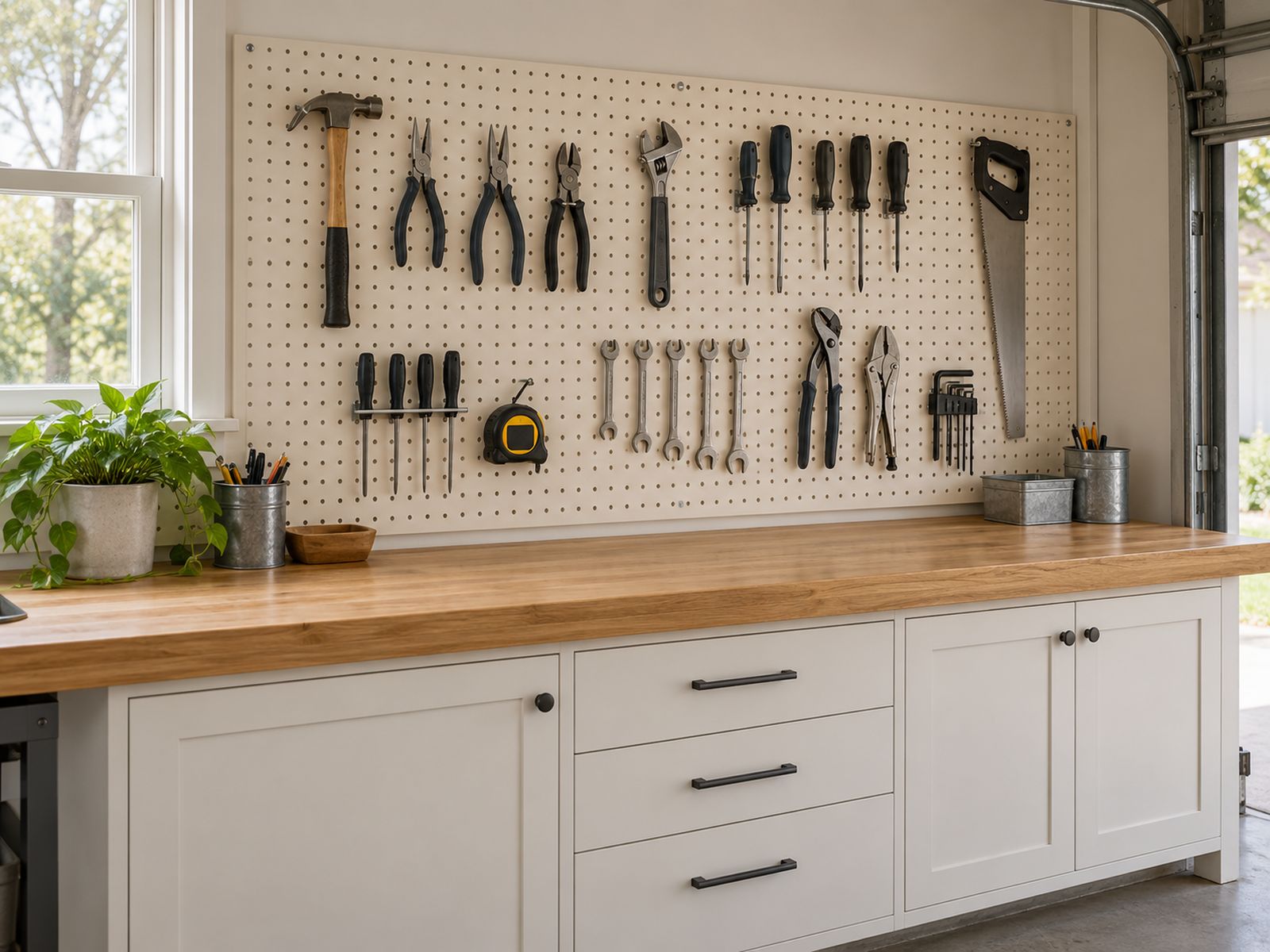 Garage pegboard tool wall above a white workbench