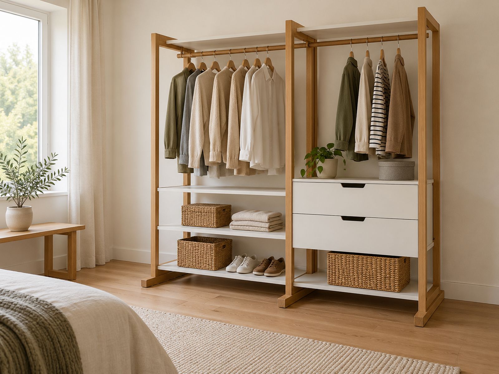 Freestanding wood clothing rack with drawers in a bedroom