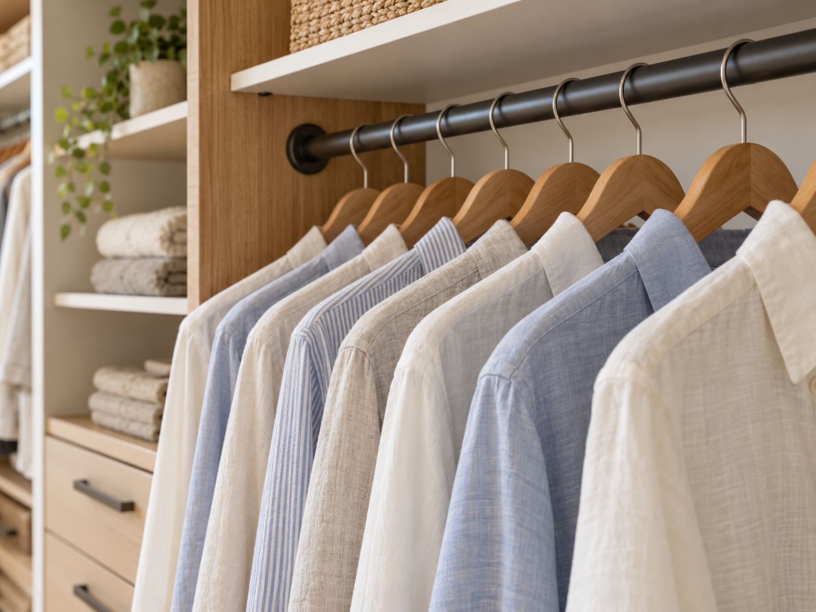 Shirts hanging on a black closet rod