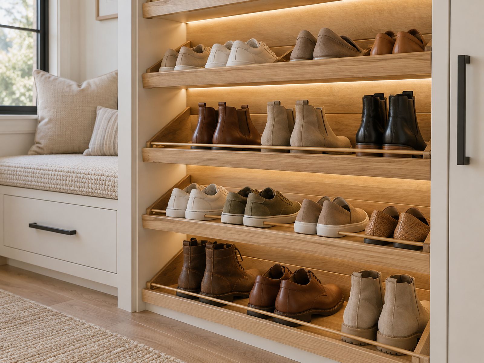 Lit, angled shoe shelves in a walk-in closet