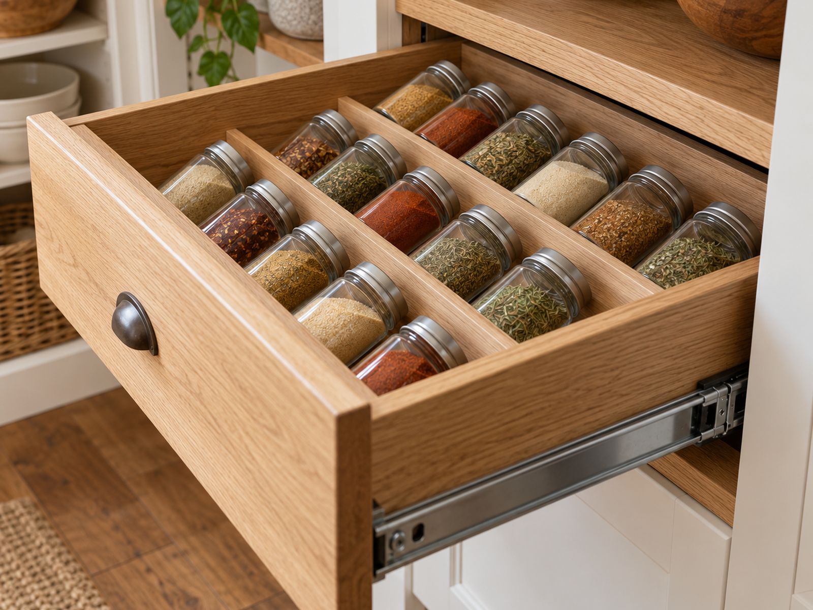 Pull-out spice drawer with glass jars