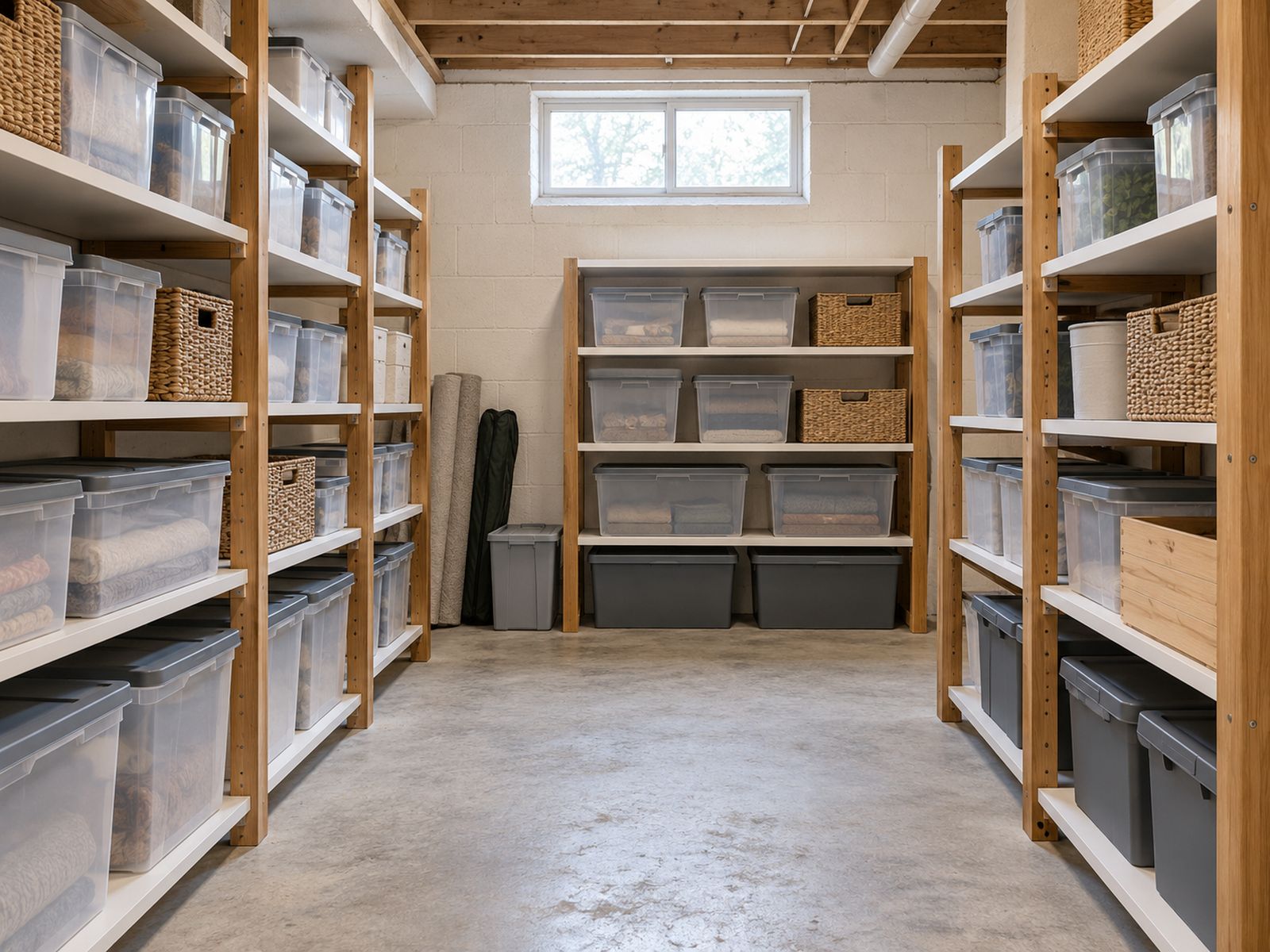 Basement storage room with shelving and clear bins