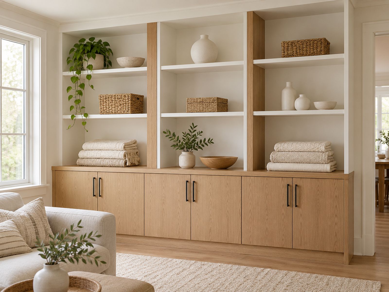 Built-in oak shelving and cabinets in a living room