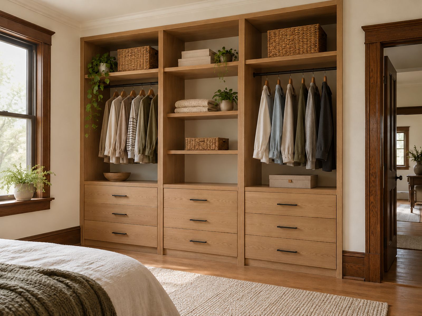 Wall of oak shelving, drawers and hanging in a bedroom