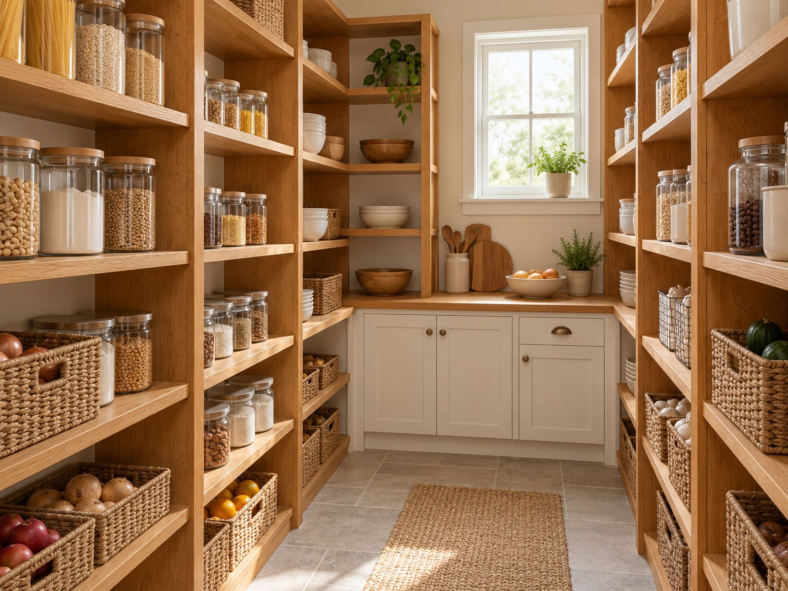 Walk-in pantry with oak shelves and glass jars